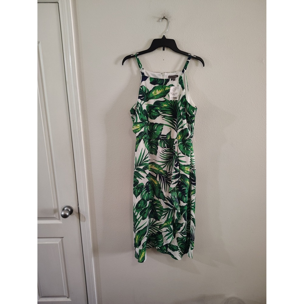 Luxology Tropical Palm Leaf Print Halter Midi Dress XL Green White Sleeveless